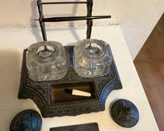 Victorian Double Inkwell Set with Pen Holder