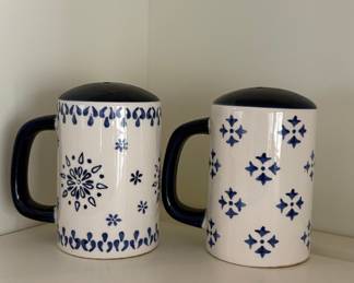 Ceramic Salt and Pepper Shakers with Blue Folk Art Design