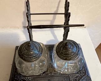 Victorian Double Inkwell Set with Pen Holder