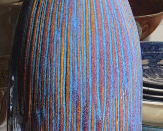 Glazed Ceramic Vase with Vertical Ribbing and Iridescent Glaze