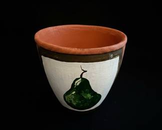 Hand-Painted Terracotta Pot with Pear Design - Possibly Mexican or Talavera Style
