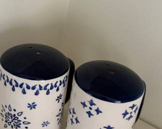 Ceramic Salt and Pepper Shakers with Blue Folk Art Design