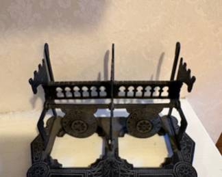 Antique Cast Iron Double Inkwell Set with Cut Glass Bottles