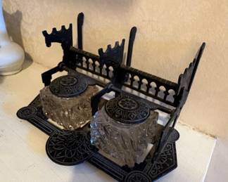 Antique Cast Iron Double Inkwell Set with Cut Glass Bottles