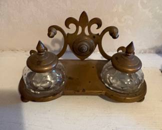 Brass and Glass Double Inkwell