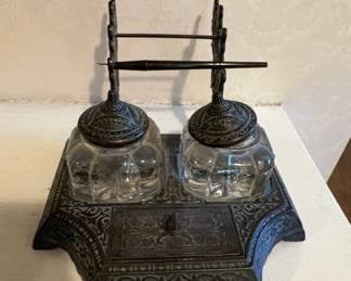 Victorian Double Inkwell Set with Pen Holder