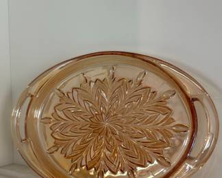Peach Opalescent Glass Serving Tray with Handles - Jeannette Glass Sunflower Pattern