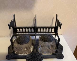Antique Cast Iron Double Inkwell Set with Cut Glass Bottles