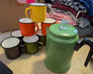Bright Colored Enamel Percolator & Mugs
