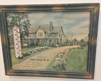 Vintage advertising from Wood Switch, Texas Gin with thermometer