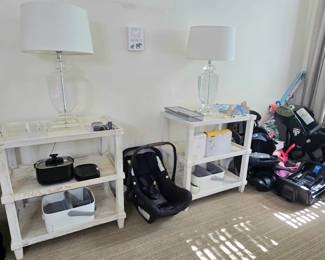 Car seats of all sizes, occasional tables, pair of clear glass lamps