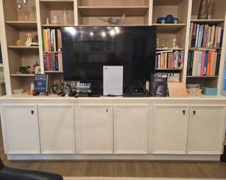 books, decor, game systems, TV, electronics