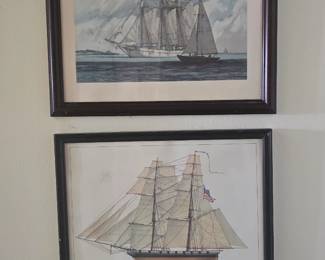 Maritime art: top print by Mordou Grant, bottom has a seal that reads - International Historical Watercraft Collection Melborne Smith