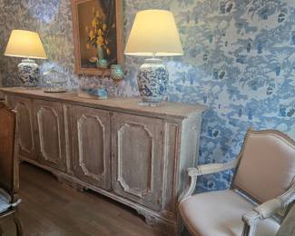buffet d'enfilade - grand Country French buffet, pair of dragon motif lamps