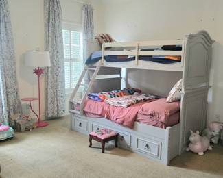 bunk beds! Full on bottom, twin on top plus bed coverings, linens, sheets, comforters and more!