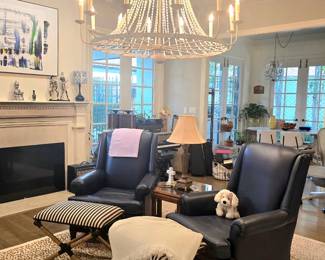 pair of navy leather chairs, footstools/benches