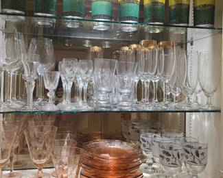 color and decorative dishes and glasses. Set of 8 vintage MCM Continental Can Company texture green & gold glasses, set of 6 Libbey silver leaf stemware, vintage 1930s pink depression glass