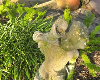 concrete statue - yard art + set of white planters, clay hose holder