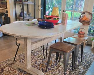 Farmhouse style table, 2 cloth chairs, two stools