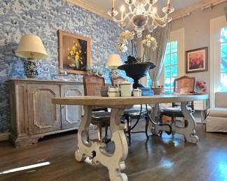 oval wood top, whitewashed legs with metal support design