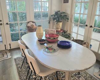 Farmhouse style table, 2 cloth chairs, two stools