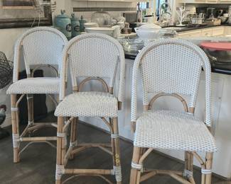 set of 3 Serena & Lily Riviera rattan bar stools
