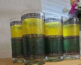 Vintage MCM Continental Can Company textured green & gold glasses (set of 8)