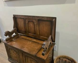 mid century Jacobean style monks bench with folding top and storage compartment