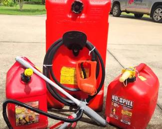 14 Gallon Portable Fuel Tank, Gas Cans & Electric Transfer Pump Lot Portable fuel transfer lot including approx. 14 gallon wheeled fuel tank w/ hose, nozzle & handle, (2) 5-gallon gas cans, plus TERA PUMP electric transfer pump model TREP01. Pump rated at 2.4 GPM for gasoline, diesel, kerosene & other fluids. Great setup for farm, shop, marine or equipment fueling.  Items show normal use, scratches, dirt & storage wear. Fuel residue/odor possible. Untested.  See photos for condition & included items. 