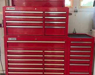 US General Pro Tool Chest, Rolling Cabinet & Side Cabinet Set Large modular mechanic’s storage setup featuring matching US General Pro Series tool cabinets in red. Includes upper chest, rolling lower cabinet, and side drawer cabinet for extensive tool and hardware organization.  US General Pro Series modular tool storage system Includes upper tool chest with lift-top compartment Includes rolling lower cabinet with casters Includes matching side cabinet with multiple drawers Multiple locking drawers with aluminum pull handles Heavy-duty steel construction Bright red finish with black work surfaces Ideal for garage, mechanic, fabrication, or workshop use Appears clean and well maintained with light normal shop wear Market Insights: Complete US General Pro cabinet systems like this typically fall in the $700–1,500 range based on current market trends, with strong demand from home mechanics and workshop users seeking professional-style storage at a value price point. 