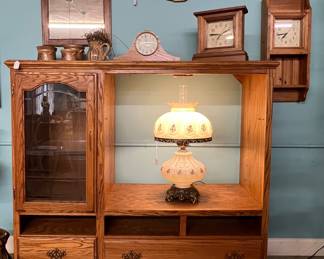 TV stand, clocks, lamp 