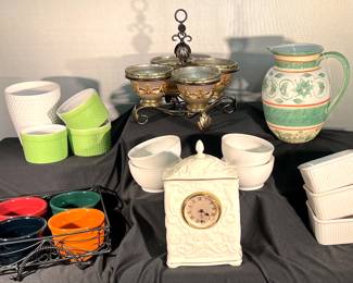 Serving sets, Pfaltzgraff pitcher, clock