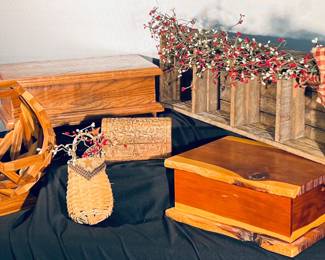 Wooden and cedar boxes and basket 
