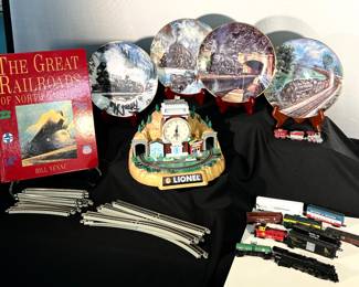 Thomas Kinkade train motif dishes, Lionel clock,  book and small train set