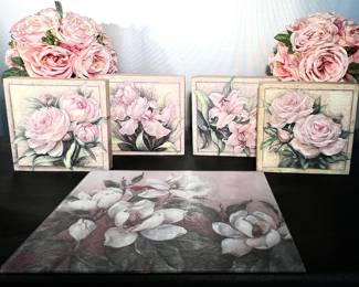 Wooden floral paintings and cutting board