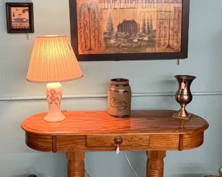 Oak sofa table, crock, spittoon, wall art
