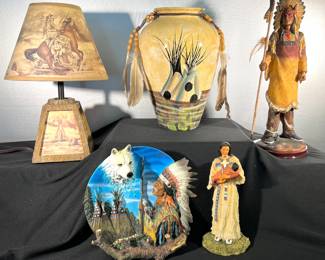 Native American motif lamp, vase and figures