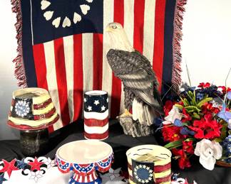 Patriotic banner, eagle statue, candle hokders