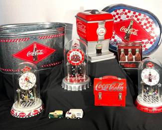 Coca Cola items, clocks, ice buckets