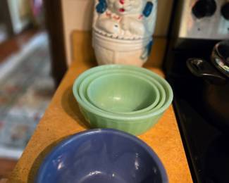 Jadite bowls and cute cookie jar