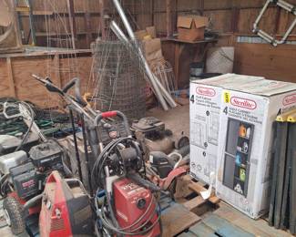 Shelving, pressure washer, lawn mower