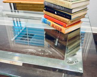 Chrome desk, books, rattan and chrome console