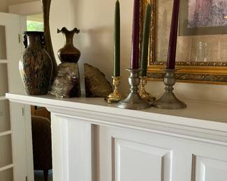 Brass Candlesticks and Art Nouveau Merano Glass