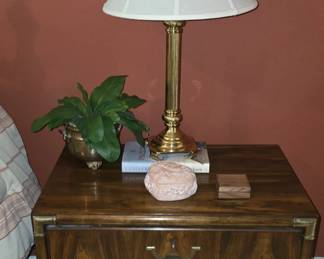 Midcentury Campaign Nightstand with Lamp