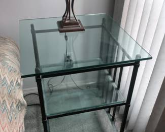Square three level glass and metal lamp table
