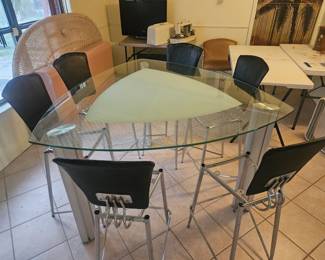Very cool 80s glass top rounded triangle  bistro height table set ( no seat cushions) $350