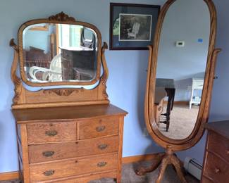 Antique serpentine dressers and stand alone mirror