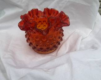 Fenton Glass Red Orange Amberina Hobnail Rose Bowl Vase