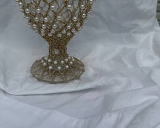 Apothecary Jar with gold mesh and pearl beads
