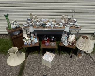 various tea sets and home decor